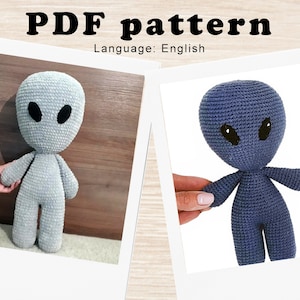 May include: PDF pattern for crocheting a gray and blue alien amigurumi toy. The pattern is written in English.