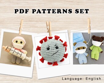 Amigurumi patterns SET Crochet doctor / nurse / bear / stress ball