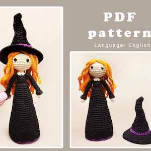 Può includere: Schema a uncinetto per una bambola strega con lunghi capelli arancioni, che indossa un vestito nero e un cappello da strega nero con una fascia viola. Lo schema è in inglese.