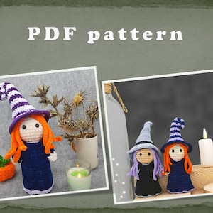 May include: The image showcases two crochet witch dolls, one holding a pumpkin. The dolls have orange hair, blue dresses, and purple and white striped hats. The text "PDF pattern" is at the top of the image.