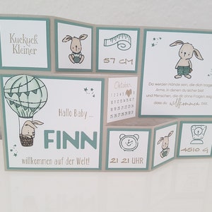 Large folding card "Finn" for the birth, mint, bunny, baby