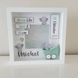 Baby-Bilderrahmen mit Elefanten, personalisierbar, mintgrün