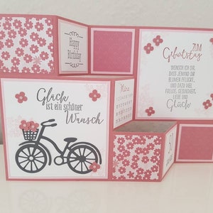 Große Faltkarte "Glück-Wunsch" zum Geburtstag, Blumen, Fahrrad, rosa