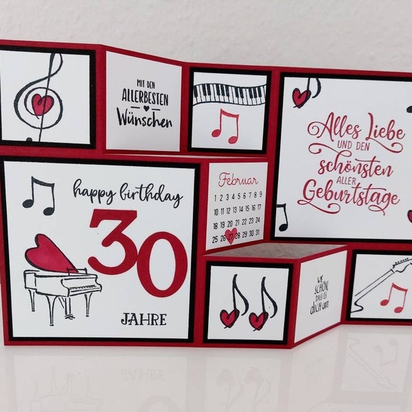 Large folding card for birthday, piano, music, piano