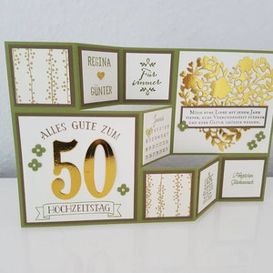 Große Faltkarte zur Goldenen Hochzeit, Hochzeitstag, Gold, oliv, handmade