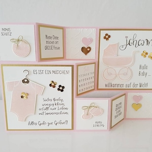Große Faltkarte zur Geburt, Mädchen, Babykarte, rosa, Gold, handmade