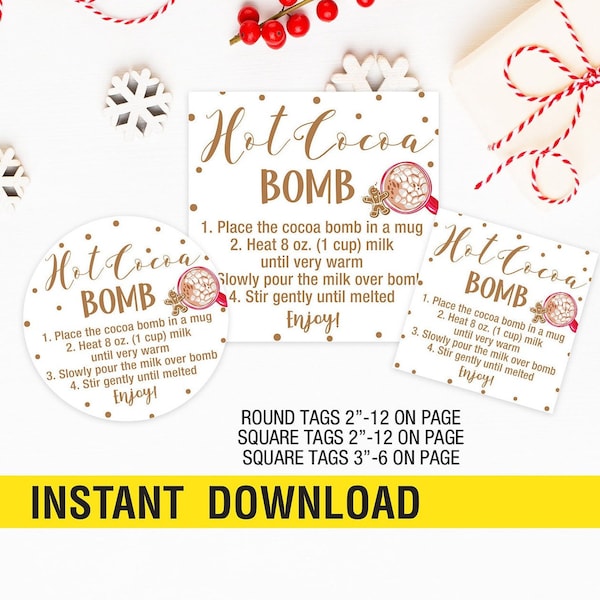 Hot Chocolate Bomb Tag PRINTABLE, Hot Cocoa Bomb Instructions Card, Christmas Cocoa Label Tag Instant Download