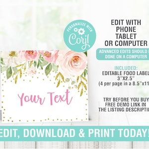 Blush Pink Floral Food Tag,Editable Buffet label, Tent card Food Labels, Place Cards, Table Food Printable Tents Template, INSTANT DOWNLOAD