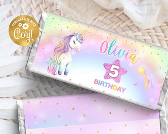 Unicorn Candy Bar Wrapper Template, Editable Unicorn Chocolate Label Template Wrapper, Unicorn party, Rainbow Unicorn Party Instant Download