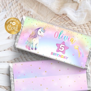 Unicorn Candy Bar Wrapper Template, Editable Unicorn Chocolate Label Template Wrapper, Unicorn party, Rainbow Unicorn Party Instant Download