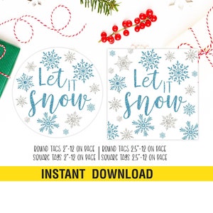 Let it it Snow Tags, Christmas Cookie Gift Tag, Round Square 2” Cookie Tag, Digital, Instant Download