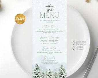 May include: A Christmas menu card with a winter forest design. The menu includes starters, main courses, desserts, and drinks. The card is white with green text and a snowy forest scene at the bottom. Available sizes are 3.5 x 8.5 inches, 3.75 x 9 inches, 4 x 9 inches, and 5 x 7 inches.