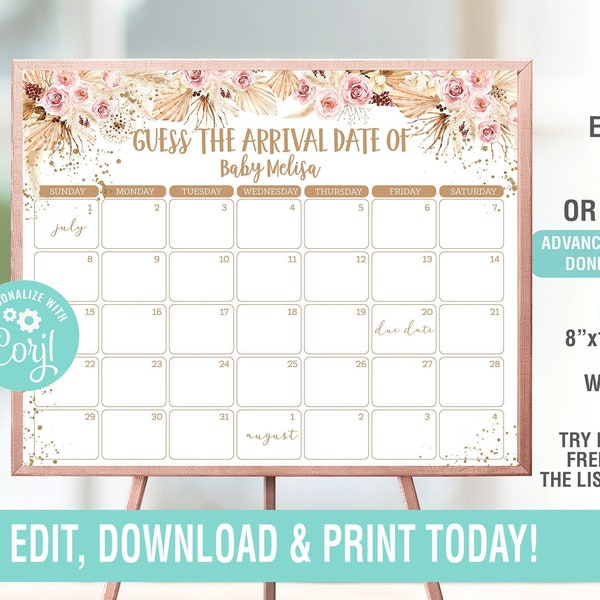 Pampas Grass Baby Due Date Calendar Game EDITABLE, Boho due Date Game,Baby Shower Guess Baby Birthday, Baby Predication Date, Due Date Game