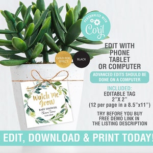 Watch Me Grow Succulent Tags,Baby Shower Favours,Watch Me Grow Stick, Editable Tags,Favor toppers,Template tags,Plant Favor,Instant Download