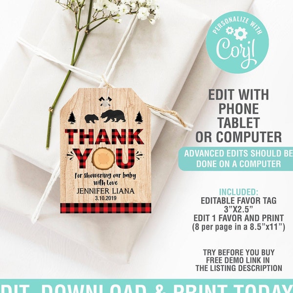 Lumberjack Favor Tags, Thank you Favor, Buffalo Plaid Favor, Printable Lumberjack Party Gift Tag, EDITABLE