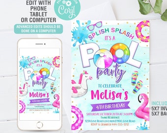 EDITABLE Pool Party Birthday Invitation, Pool Invitation, Summer Pool Party Birthday Invite, Pool Party, Instant Download