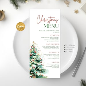 May include: A Christmas menu card with a watercolor illustration of a Christmas tree with gold glitter and red ornaments. The menu includes a starter, main courses, desserts, and drinks. The text on the card reads "Christmas Menu", "William Christmas Party", "14.12.2024", "Starter", "Slow-roasted beetroot salad, goat's cheese, toasted pumpkins seeds, green apple fritter", "Main Courses", "Slow cooked blade of beef, sourdough and herb crust, caramelised onion puree", "Desserts", "Chocolate Christmas Cup with White Chocolate Cream & Chocolate Cookies", "Drinks", "Classic champagne cocktail and Homemade Christmas Irish Cream", "3.5 x 8.5 inches", "3.75 x 9 inches", "4 x 9 inches", "5 x 7 inches".