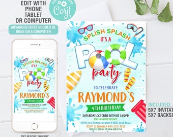 Pool Party Invitation, Pool Invitation, Summer Pool Party Birthday Invite, School Pool Party, Swimming Party, Instant Download