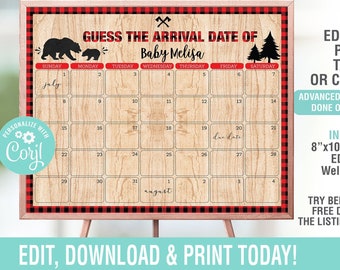 Houthakker baby vervaldatum kalenderspel BEWERKBAAR, houthakker babyshower schat babyverjaardag, babyvoorspellingsdatum, vervaldatumspel