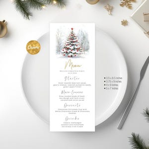 May include: A white Christmas menu card with a watercolor illustration of a decorated Christmas tree. The menu includes starters, main courses, desserts, and drinks. The card is 3.5 x 8.5 inches.