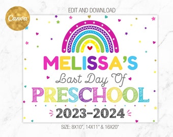 Laatste dag van de kleuterschool teken bewerkbaar, laatste schooldag 2024 teken, kleuterschool bord teken, laatste schooldag regenboog foto prop teken