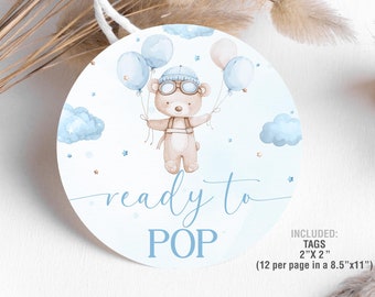 Bereit zu POP Flugzeug Teddybär Etiketten druckbare, bereit To Pop Favor Topper Aufkleber, Junge Babyparty Geschenkanhänger, Babyparty Favor Printable