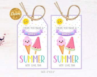 May include: Two printable gift tags with a summer theme. The tags feature a sun, ice cream cone, watermelon, and the text "I hope you have a sweet summer". The tags are 2 inches by 3.5 inches.