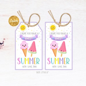Redigerbara etiketter för en söt sommar, sommarpresentetiketter, presenter till elev i slutet av skolåret, glassetiketter, etiketter för barnklassens godisfest