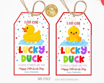 Lucky Duck Valentine’s Day Tag Editable Kids Classroom Valentine Rubber Duck Tag I Am One Lucky Duck To Have a Friend Like You Valentine Tag