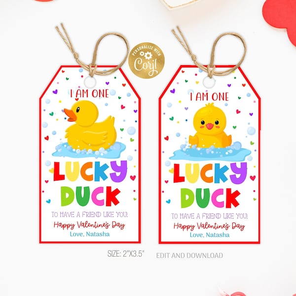 Lucky Duck Valentine’s Day Tag Editable Kids Classroom Valentine Rubber Duck Tag I Am One Lucky Duck To Have a Friend Like You Valentine Tag