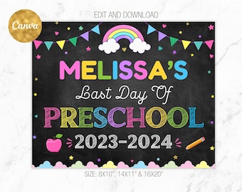 Laatste dag van de kleuterschool teken bewerkbaar, laatste schooldag 2024 teken, kleuterschool schoolbord teken, laatste schooldag afdrukbare foto prop teken