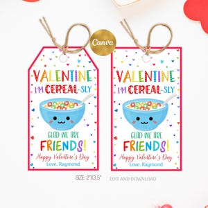 Editable Cereal Valentine’s Day Gift Tag, Valentine I’m Cereal-Sly Glad We are Friends, Kids School Valentine Gift Tag Template Printable