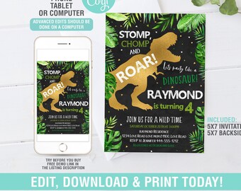 Dinosaur Birthday Invitation EDITABLE, Dinosaur Party Invite Printable, Roar Invitation, Boy Birthday Invitation  Instant Download