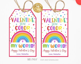 Bearbeitbarer Regenbogen-Valentinstagsgeschenkanhänger, Valentinstag, den Sie färben, meine Weltvorlage Valentinstag-Regenbogen-Schule, Valentinstag-Geschenkanhänger-Etikett zum Ausdrucken