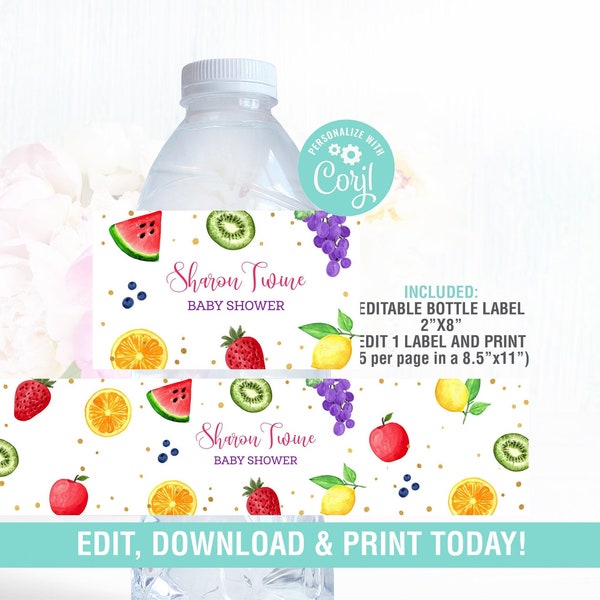 Fruit Water Bottle Labels EDITABLE, Fruit Theme Birthday Party, Fruit Theme Baby Shower, Tutti Fruitti Summer Waterbottle label, Digital