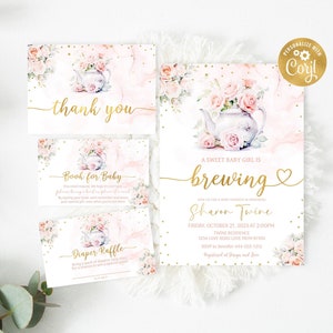 Bearbeitbare Tee-Party-Babyparty-Einladungs-Bundle-Vorlage, Mädchen-Blumen-Baby braut Dusche einladen Set, Windel-Verlosung, Buch für Baby