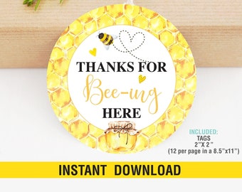 Bee Favor Tags Thank you Favor, BEE Baby Shower  2" tag Label, Bee Thank You Bee-ing here, Printable Instant Download