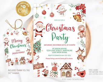 Op de afbeelding: Een uitnodiging voor een kerstfeest met een aquarel-illustratie van de kerstman, een sneeuwpop, een peperkoekman en een rendier. De uitnodiging bevat de tekst "Join us for a Christmas Party" en details over het feest, inclusief de datum, tijd, locatie en RSVP-informatie.