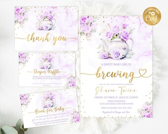Editable Tea Party Baby Shower Invitation Bundle Template,Girl Floral Purple Baby is brewing Shower Invite Set, Diaper Raffle, Book for Baby