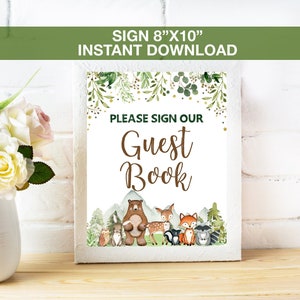 Please Sign Our Guestbook Woodland Sign,Forest Animal Guest Book Sign, Woodland Animal Baby Shower Sign, Instant Download image 1