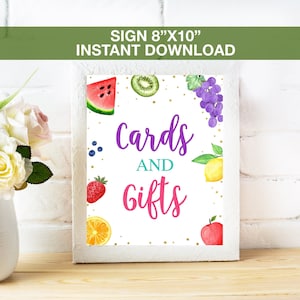 Letrero imprimible con regalos y tarjetas de frutas, letrero con tarjetas y regalos de verano, letrero para baby shower, fiesta de cumpleaños de verano, descarga instantánea de baby shower de verano