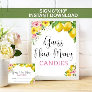 Candy Guessing Game Lemon Sign, Lemon Baby Shower Sign and Cards, Guess How Many Candies, Instant Download