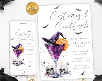 Costumes & Cocktails Halloween Invitation Editable, Adults Halloween Party Invite Template, Spooky Skeleton Invitation, Instant Download