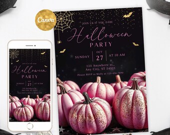 Halloween Pumpkin Party Invitation Editable, Pink Adult Halloween Party Template Invite,Pumpkin Decorating Party Invite Printable, Digital