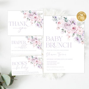 Bloemen babybrunch uitnodiging bundelsjabloon, meisje babyshower uitnodigen, paarse babyshower uitnodigen set luierloterij, boek voor baby afdrukbare