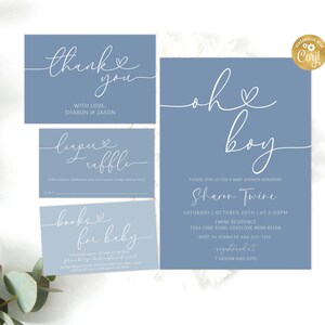 Modèle de lot d'Invitation pour baby shower garçon bleu, tirage de couches-culottes minimaliste Boho, livre pour bébé imprimable, baby shower moderne