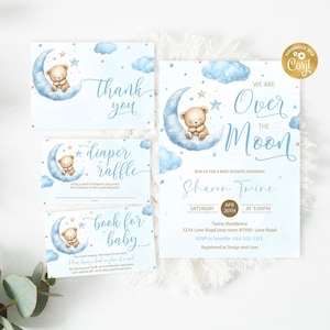 Über der Mond-Babypartyeinladung Bearbeitbarer Stern und Mond-Babyparty-Einladung Teddybär-Windel-Verlosung, Buch für Baby Dankeskarte