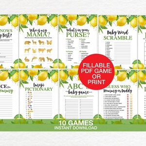 Lemon Baby Shower Game Bundle Fillable, Lemonade Baby Shower Game Pack, Citrus Baby Shower Game, 10 set Game Printable