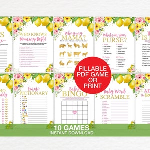 Lemon Baby Shower Game Bundle Fillable, Lemonade Baby Shower Game Pack, Citrus Baby Shower Game, 10 set Game Printable