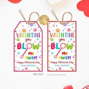 Etiqueta de burbujas de San Valentín editable, etiqueta de regalo de San Valentín You Blow me away, plantilla de etiqueta de regalo de San Valentín para aulas escolares para niños en edad preescolar imprimible